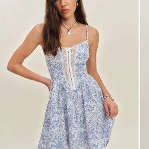 Reformation Olina Linen Floral Lace-Trimmed Blue Dress - NWT